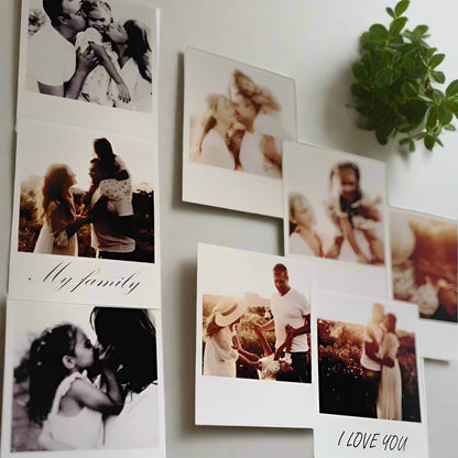 Collection of black and white family photos on a textured surface