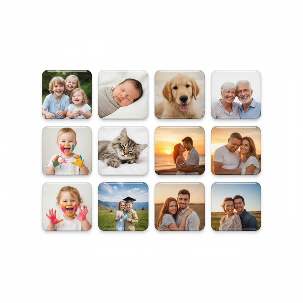 Bulk set of personalised square photo magnets arranged in rows on white background